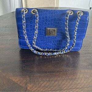 Blue Croc-Embossed Chain Shoulder Bag
